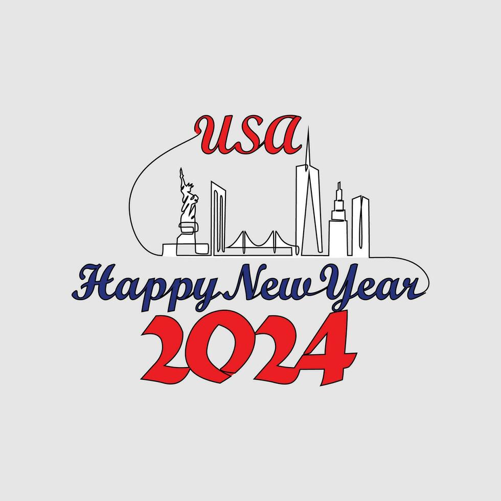 One continuous line drawing of Happy New Year in USA. Happy New Year design with USA skyline in simple linear style vector illustration. Suitable design for greeting card, poster and banner.