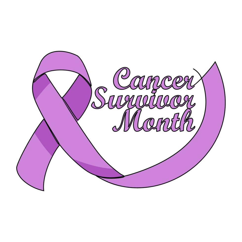 One continuous line drawing of cancer survivor month with white background. Awareness ribbon design in simple linear style. healthcare and medical design concept vector illustration.