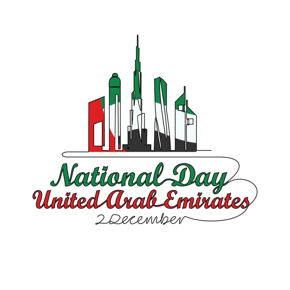 uno continuo línea dibujo de uae nacional dias en diciembre 2do. uae nacional dias diseño en sencillo lineal estilo ilustración. adecuado para saludo tarjeta, póster y bandera. patriótico diseño concepto. vector