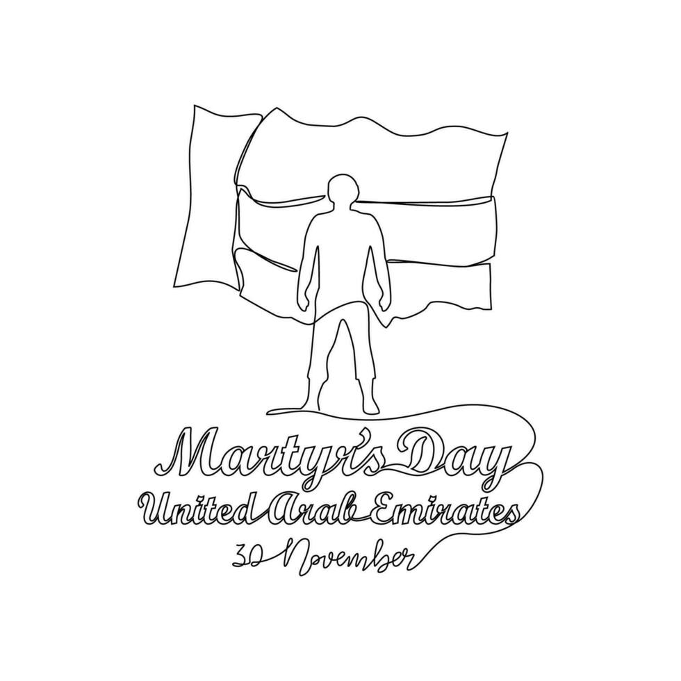 One continuous line drawing of UAE Martyrs Day on November 30th. UAE Martyrs Day design in simple linear style illustration. UAE Martyrs Day design suitable for greeting card, poster and banner vector
