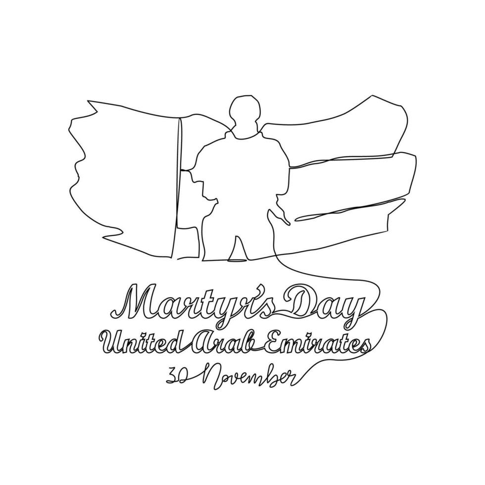 One continuous line drawing of UAE Martyrs Day on November 30th. UAE Martyrs Day design in simple linear style illustration. UAE Martyrs Day design suitable for greeting card, poster and banner vector