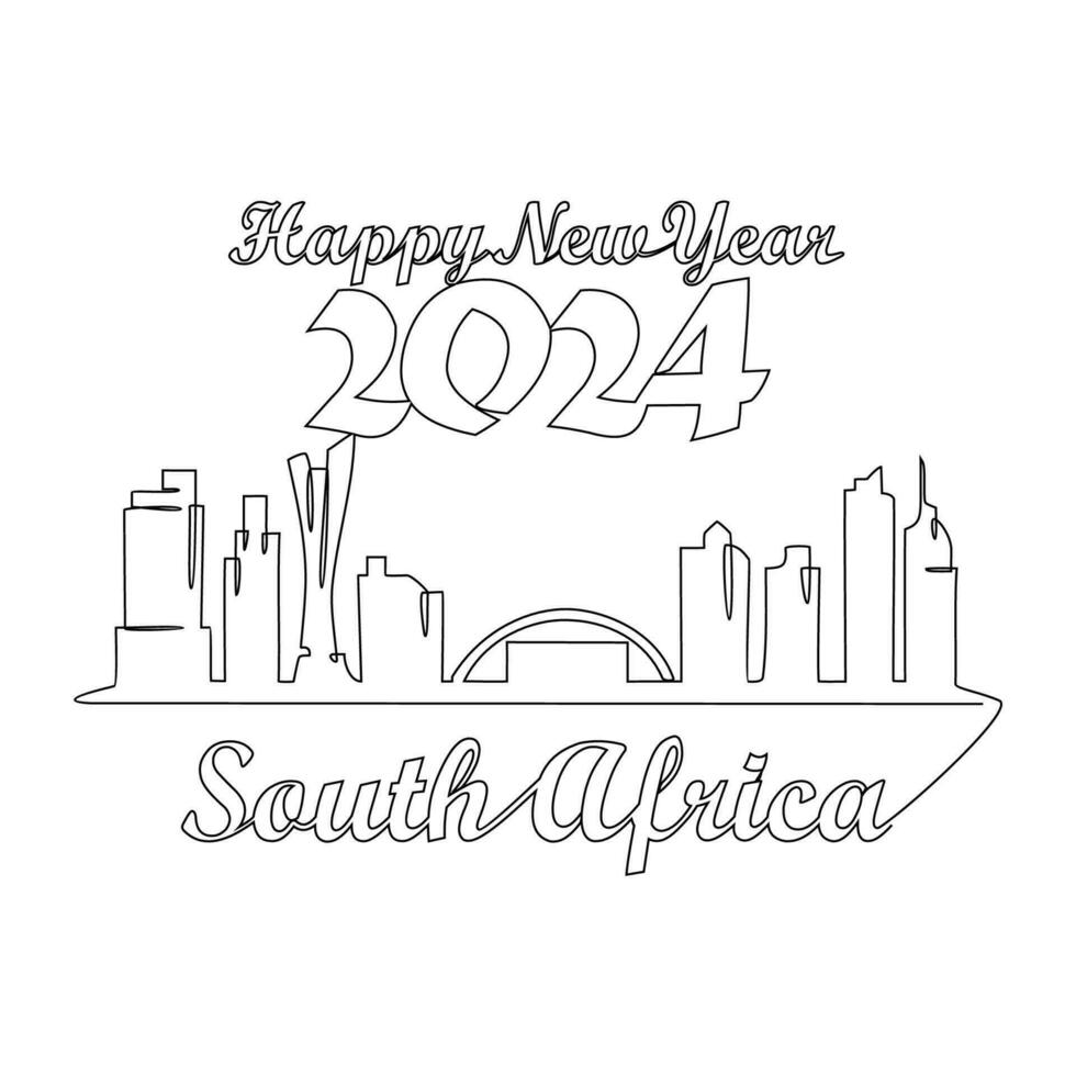 One continuous line drawing of Happy New Year in South Africa. New Year Design with South Africa skyline in simple linear style vector illustration. Suitable for greeting card, poster and banner.