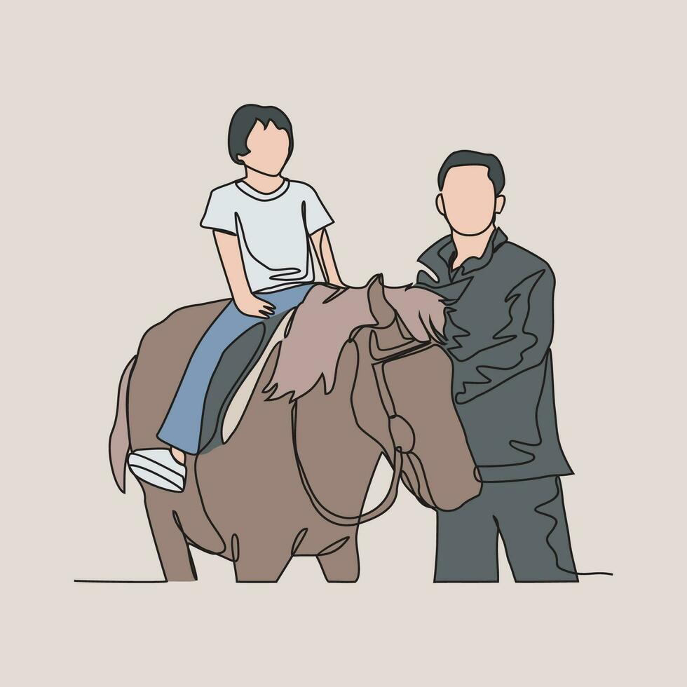 uno continuo línea dibujo de personas montando el caballo. un jockey es alguien quien paseos un caballo en un carrera. montando el caballo en sencillo lineal estilo vector ilustración. adecuado diseño para tu activo.