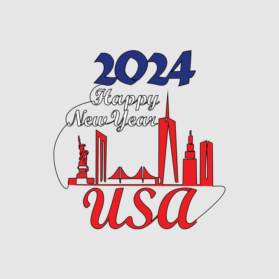uno continuo línea dibujo de contento nuevo año en EE.UU. contento nuevo año diseño con Estados Unidos horizonte en sencillo lineal estilo vector ilustración. adecuado diseño para saludo tarjeta, póster y bandera.