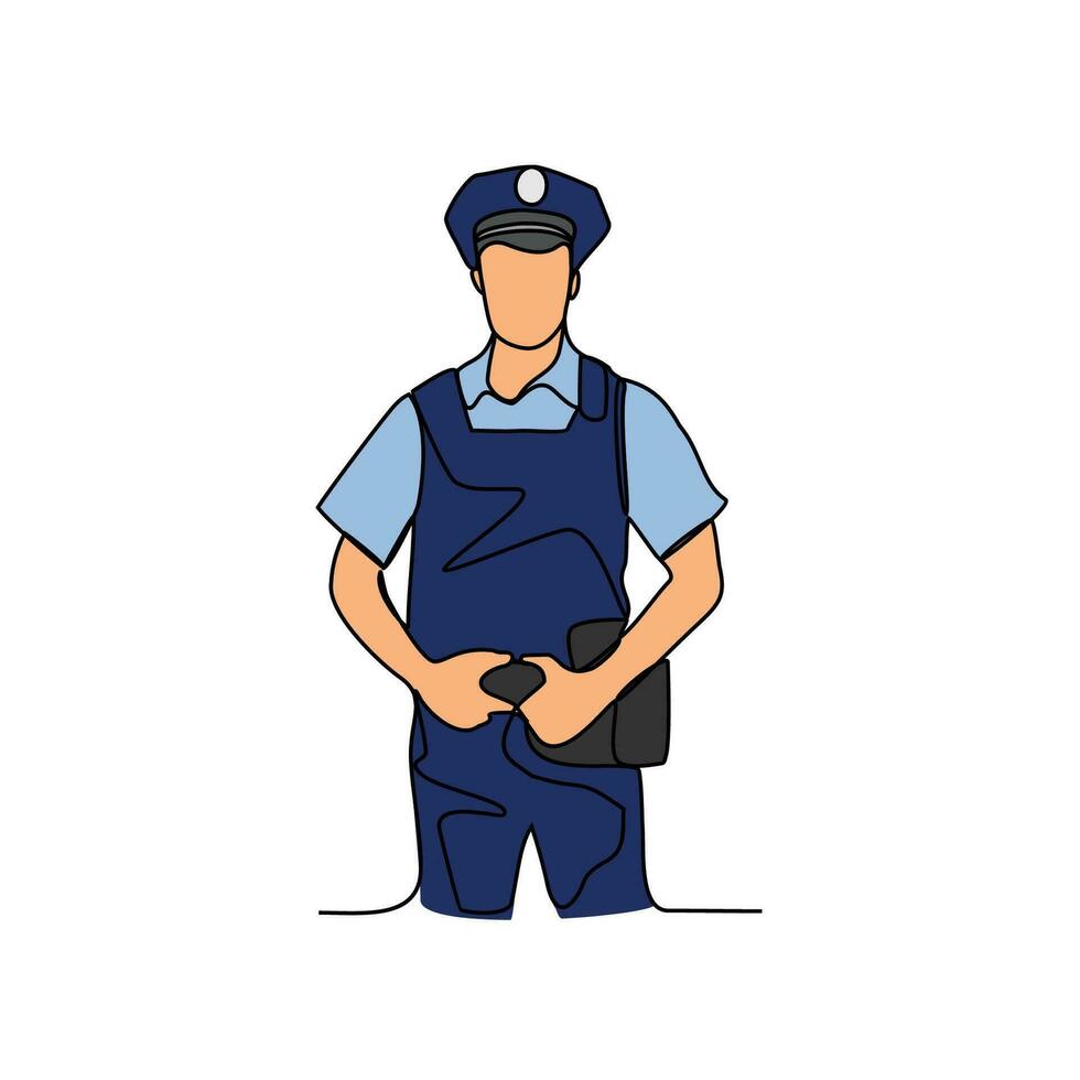 uno continuo línea dibujo de policía profesión con blanco antecedentes. policía profesión diseño concepto en sencillo lineal estilo. policía profesión diseño concepto vector ilustración.