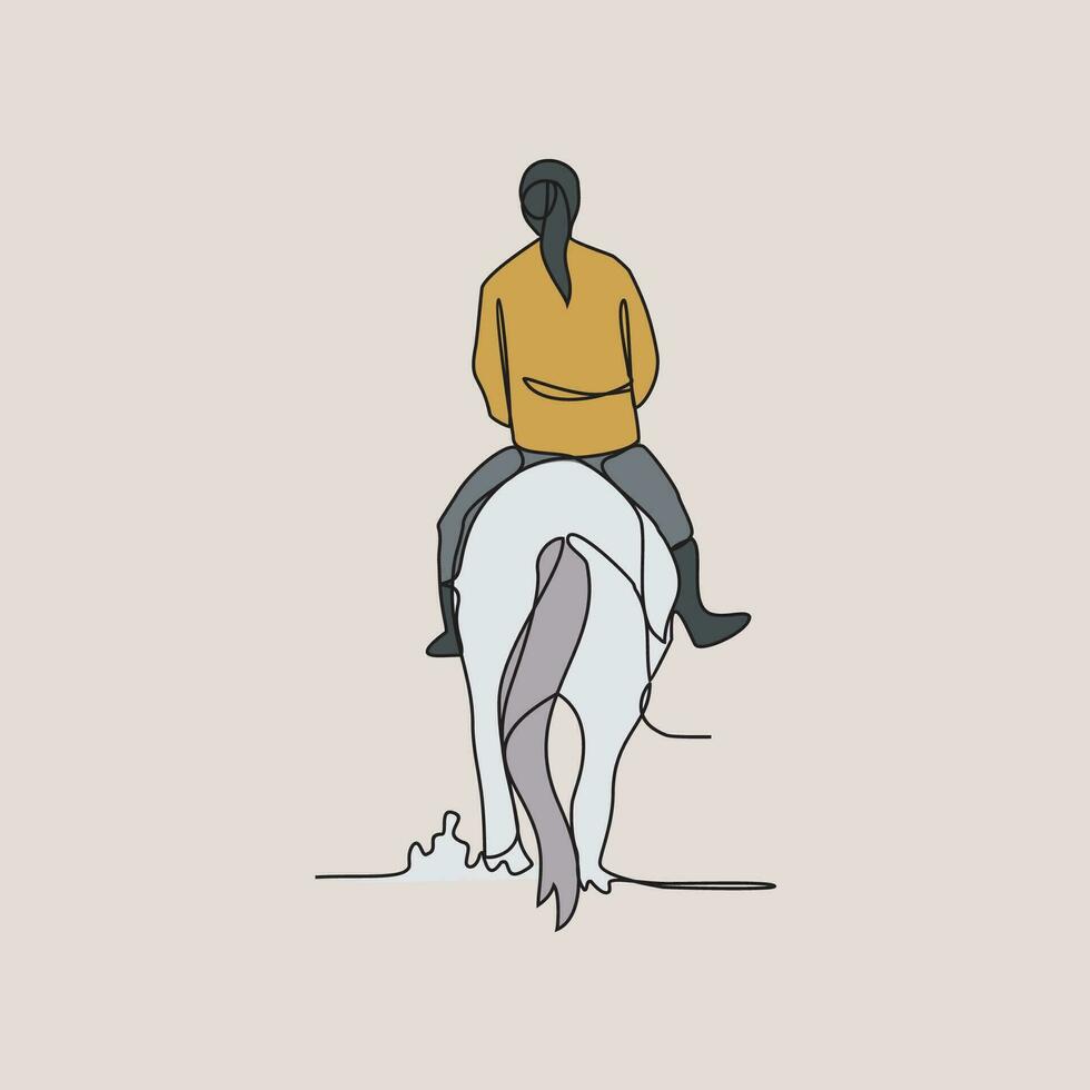 uno continuo línea dibujo de personas montando el caballo. un jockey es alguien quien paseos un caballo en un carrera. montando el caballo en sencillo lineal estilo vector ilustración. adecuado diseño para tu activo.