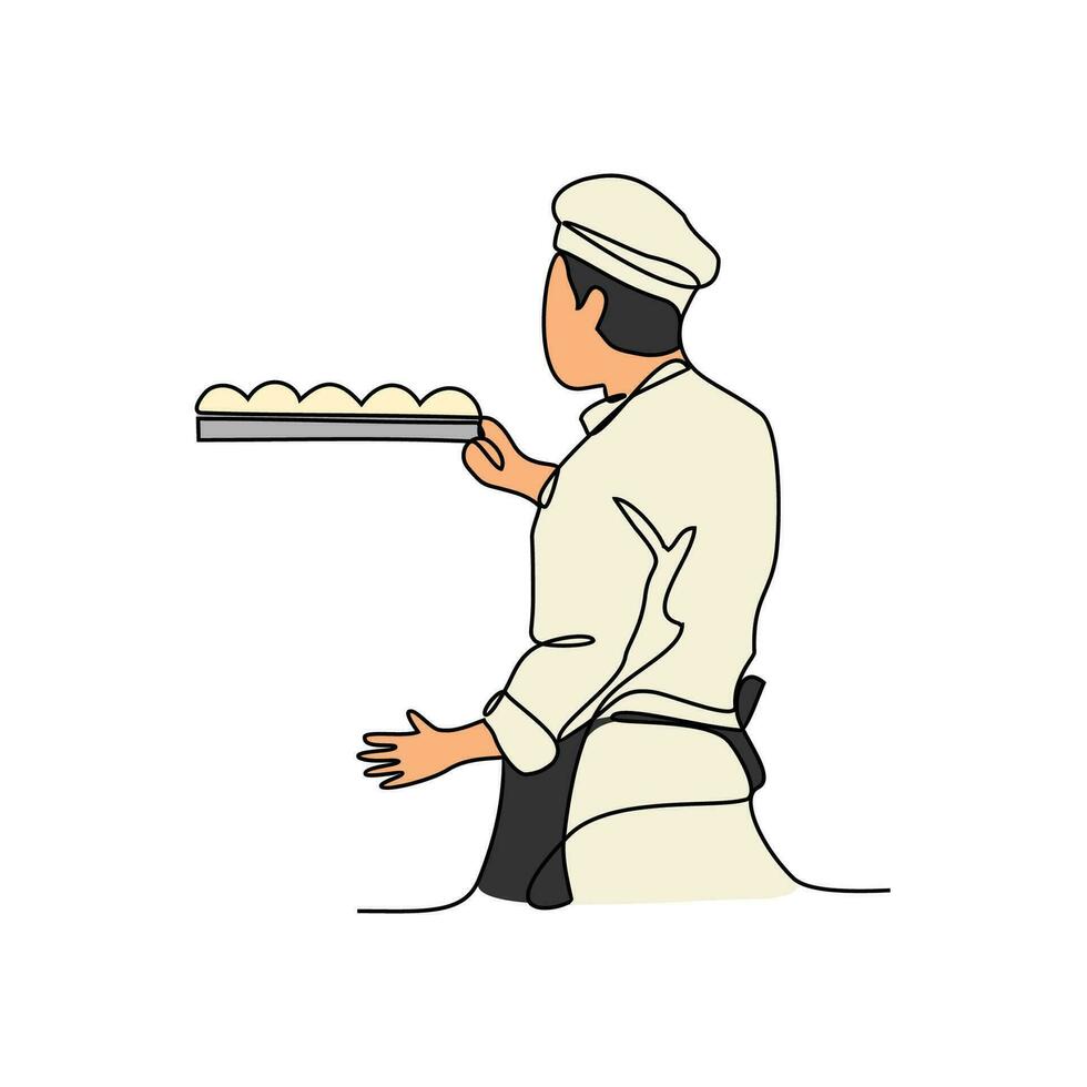 One continuous line drawing of baker working activity with white background. create bread working activity design in simple linear style. baker working people design concept vector illustration.