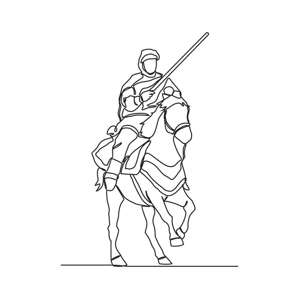One continuous line drawing of people riding the horse. A jockey is someone who rides a horse in a race. Riding the horse in simple linear style vector illustration. Suitable design for your asset.