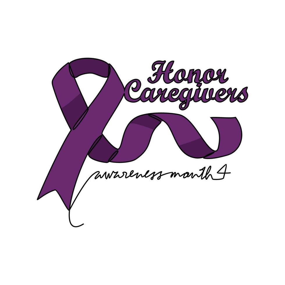 One continuous line drawing of honor cargivers awareness month with white background. Awareness ribbon design in simple linear style. healthcare and medical design concept vector illustration.