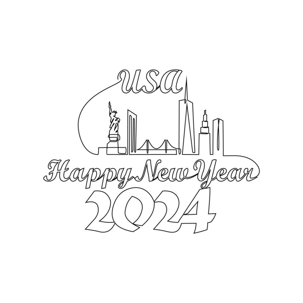 One continuous line drawing of Happy New Year in USA. Happy New Year design with USA skyline in simple linear style vector illustration. Suitable design for greeting card, poster and banner.