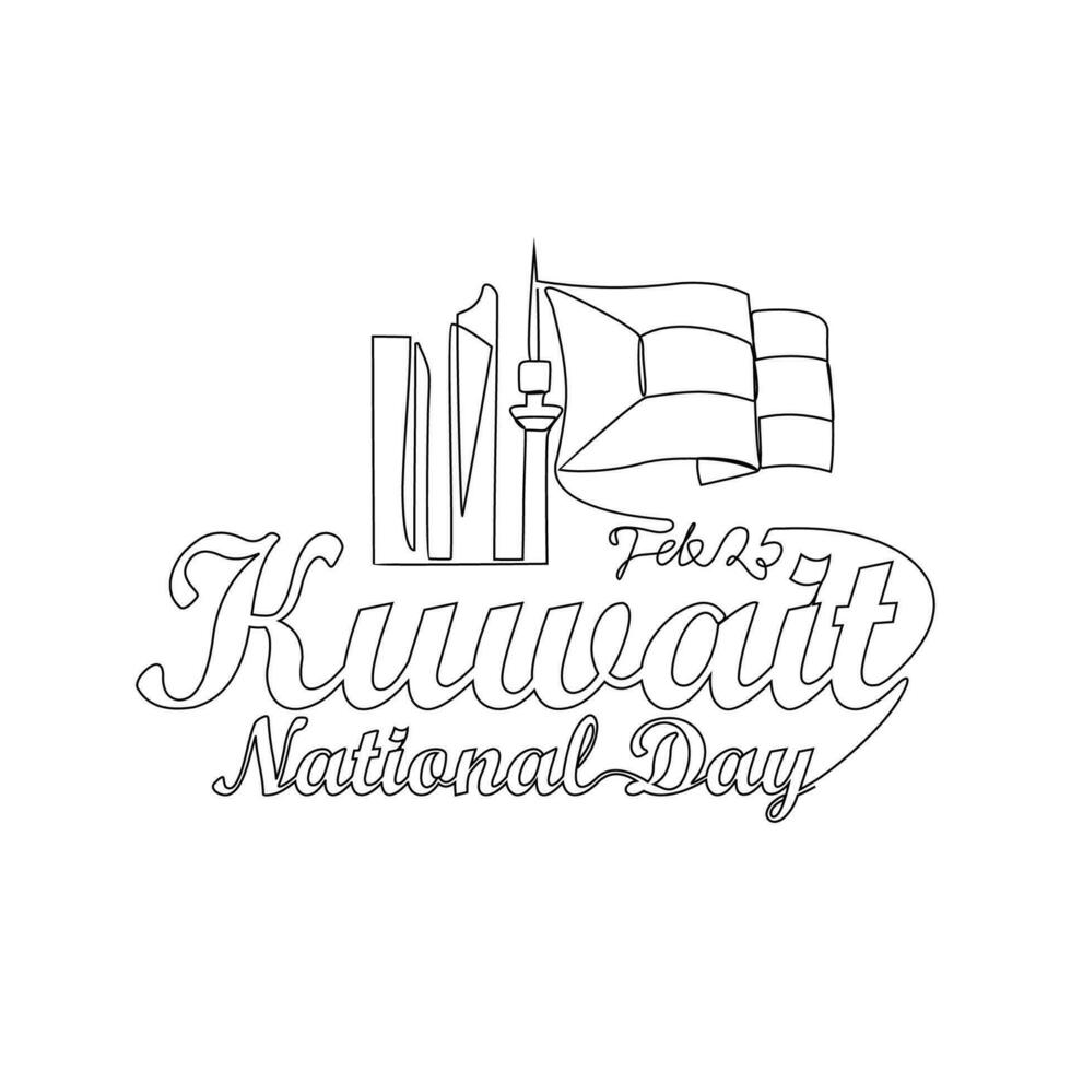 One continuous line drawing of Kuwait National Day Vector Illustration on February 25th. Kuwait National Day design in simple linear style illustration. Suitable for greeting card, poster and banner.