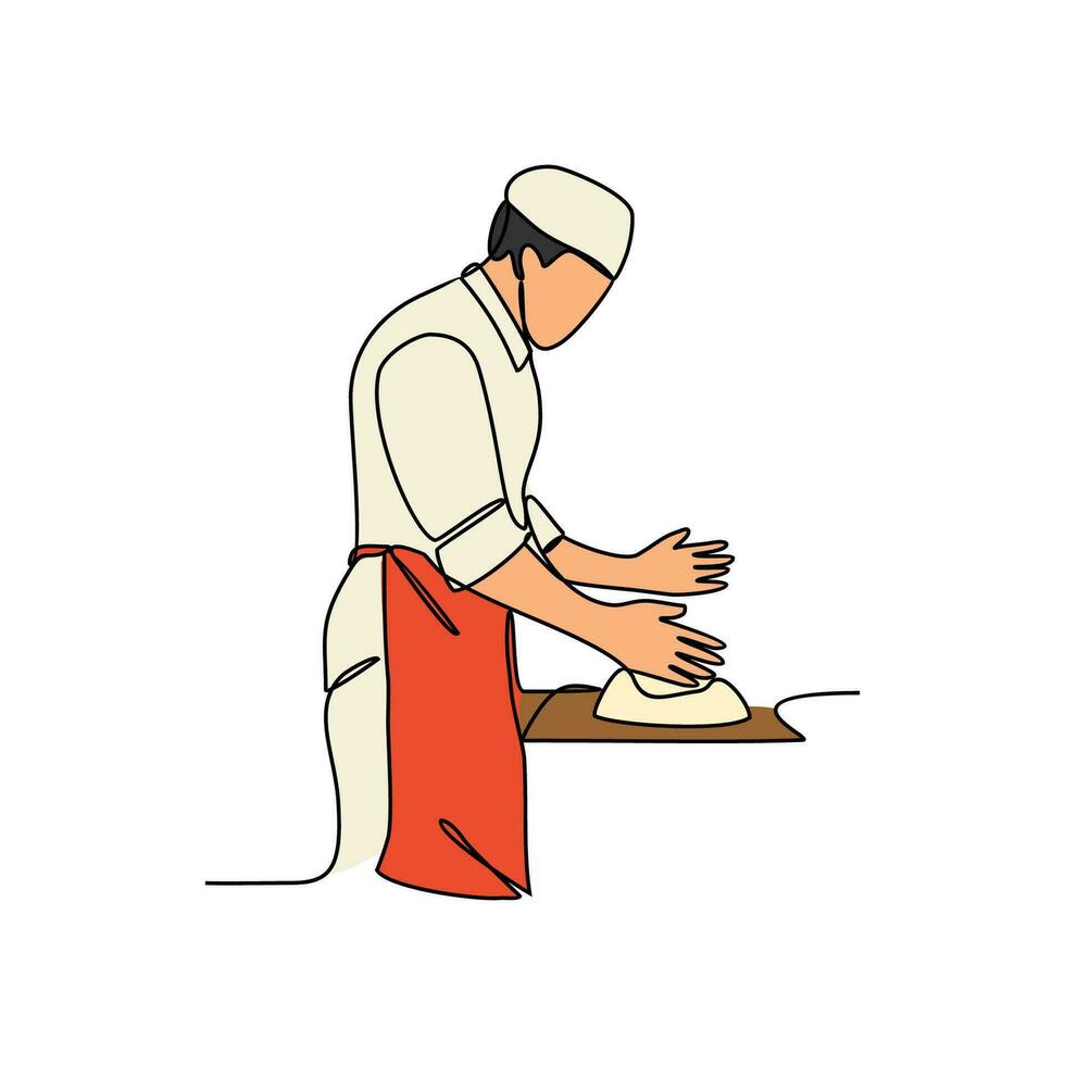 One continuous line drawing of baker working activity with white background. create bread working activity design in simple linear style. baker working people design concept vector illustration.