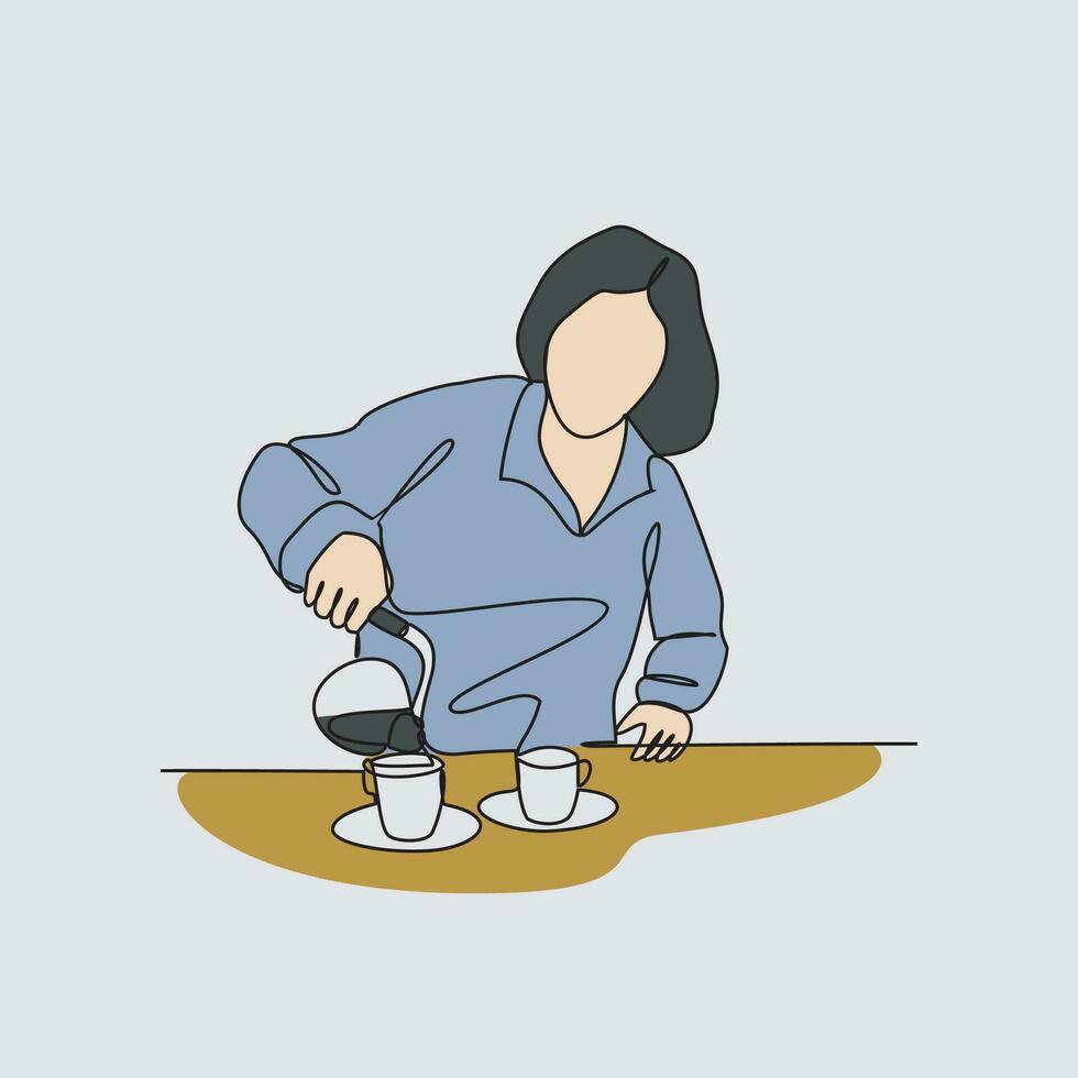 One continuous line drawing of people activity in coffee shop. Coffee shop activity design in simple linear style illustration. vector