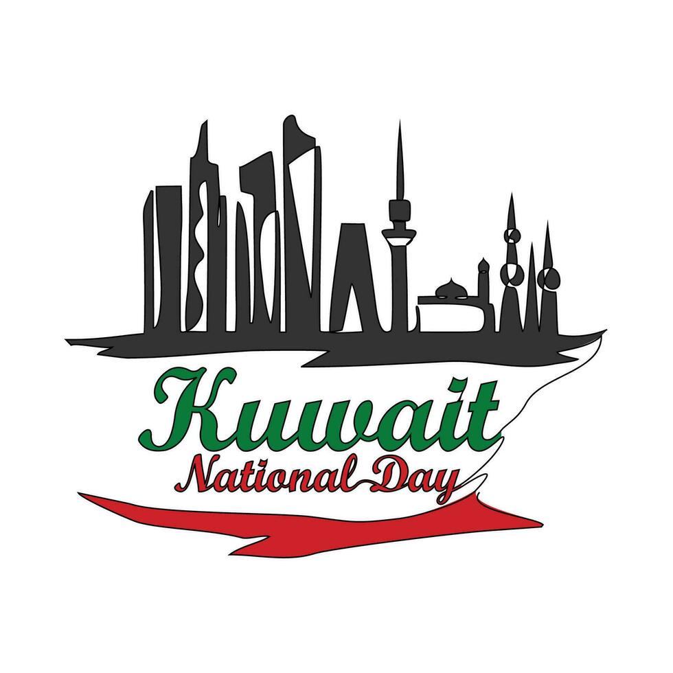 uno continuo línea dibujo de Kuwait nacional día vector ilustración en febrero 25 Kuwait nacional día diseño en sencillo lineal estilo ilustración. adecuado para saludo tarjeta, póster y bandera.