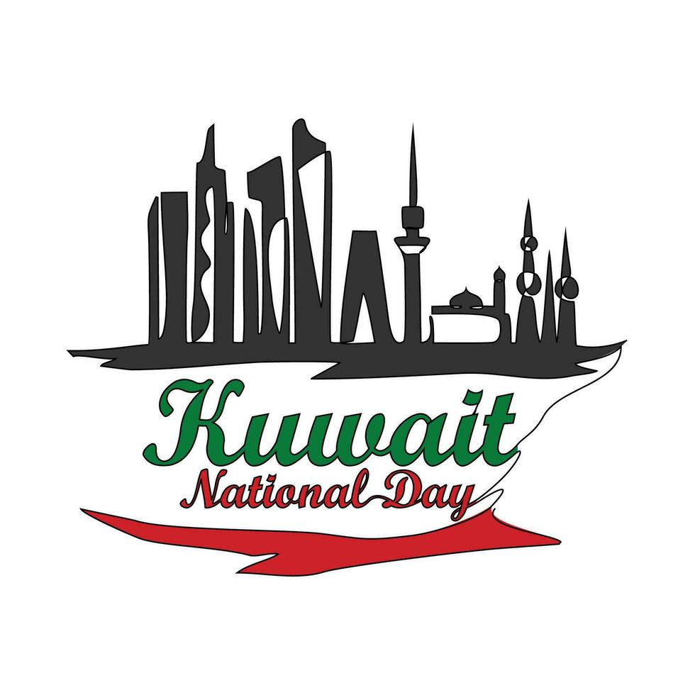 One continuous line drawing of Kuwait National Day Vector Illustration on February 25th. Kuwait National Day design in simple linear style illustration. Suitable for greeting card, poster and banner.