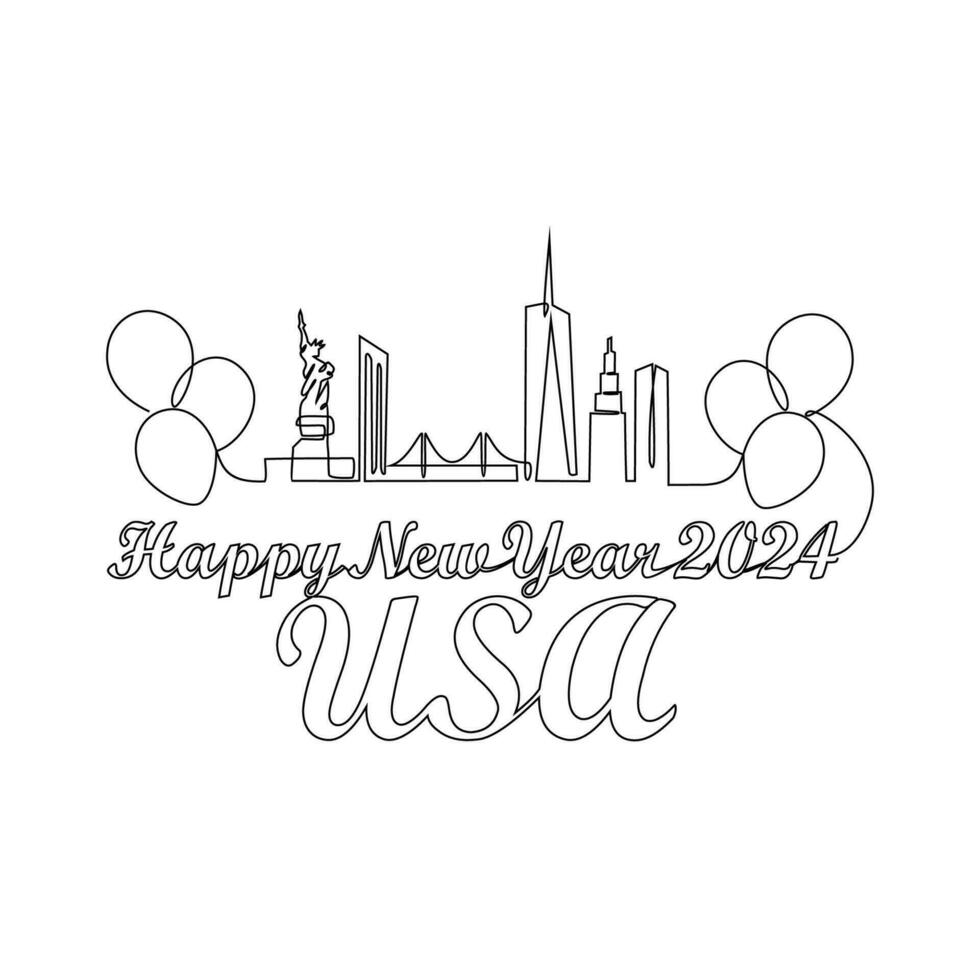 One continuous line drawing of Happy New Year in USA. Happy New Year design with USA skyline in simple linear style vector illustration. Suitable design for greeting card, poster and banner.