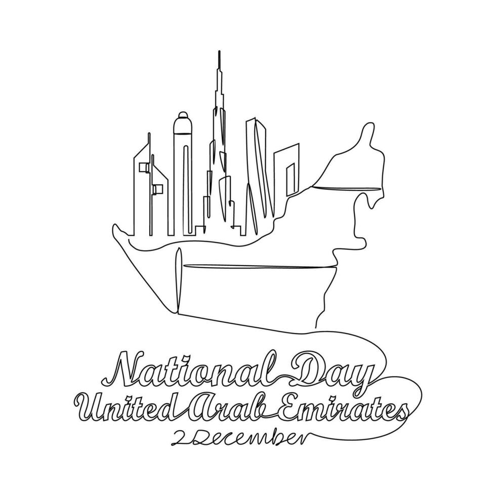 uno continuo línea dibujo de uae nacional dias en diciembre 2do. uae nacional dias diseño en sencillo lineal estilo ilustración. adecuado para saludo tarjeta, póster y bandera. patriótico diseño concepto. vector