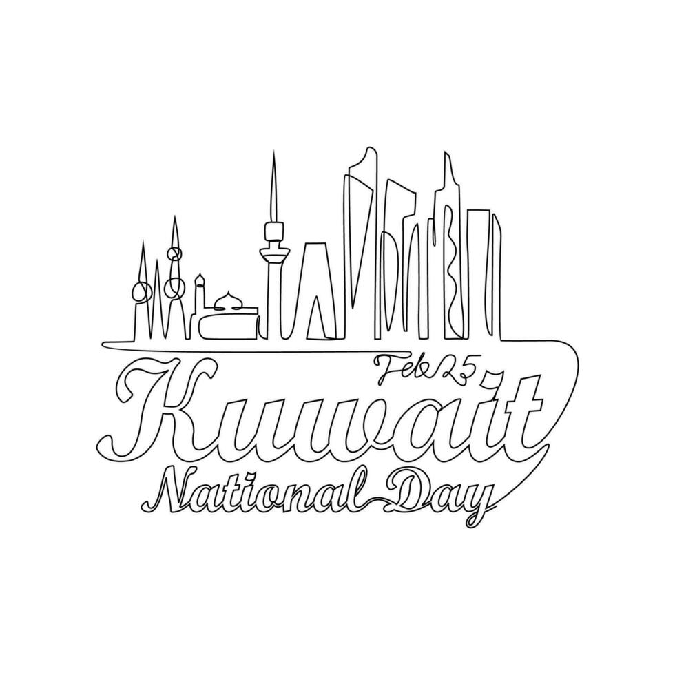 One continuous line drawing of Kuwait National Day Vector Illustration on February 25th. Kuwait National Day design in simple linear style illustration. Suitable for greeting card, poster and banner.