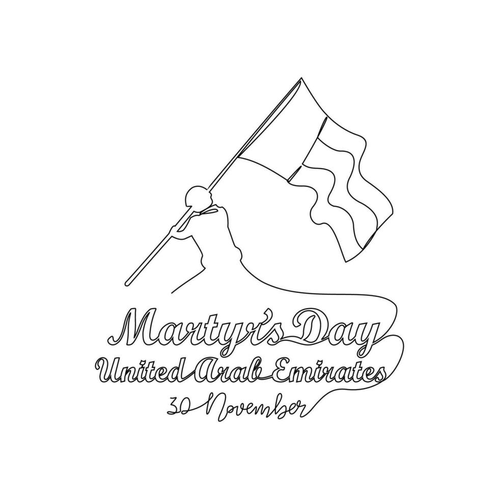 One continuous line drawing of UAE Martyrs Day on November 30th. UAE Martyrs Day design in simple linear style illustration. UAE Martyrs Day design suitable for greeting card, poster and banner vector