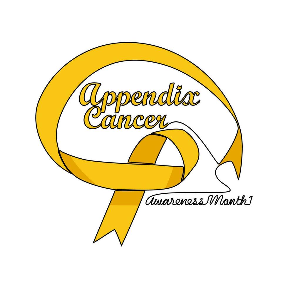 One continuous line drawing of appendix cancer awareness month with white background. Awareness ribbon design in simple linear style. healthcare and medical design concept vector illustration.