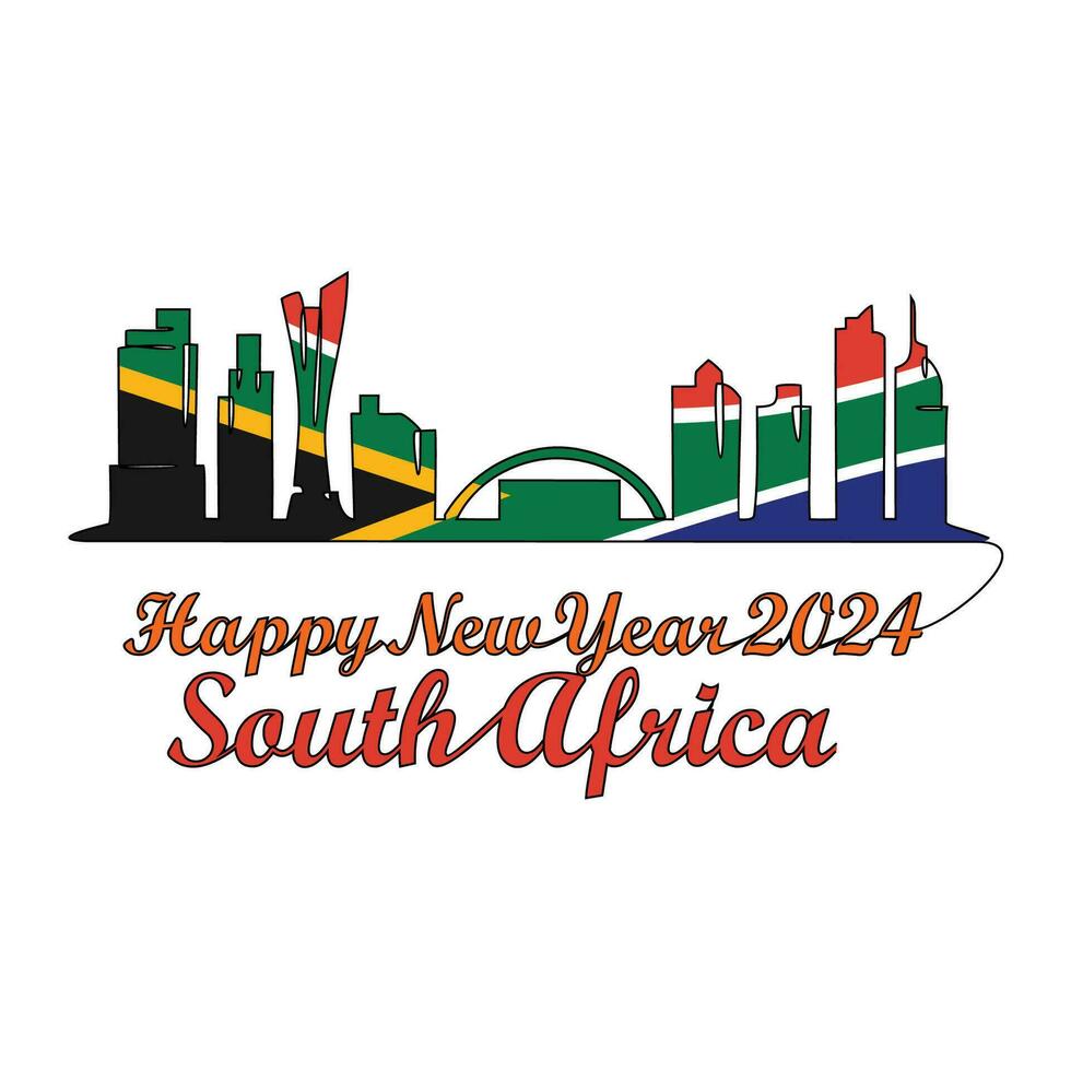 One continuous line drawing of Happy New Year in South Africa. New Year Design with South Africa skyline in simple linear style vector illustration. Suitable for greeting card, poster and banner.