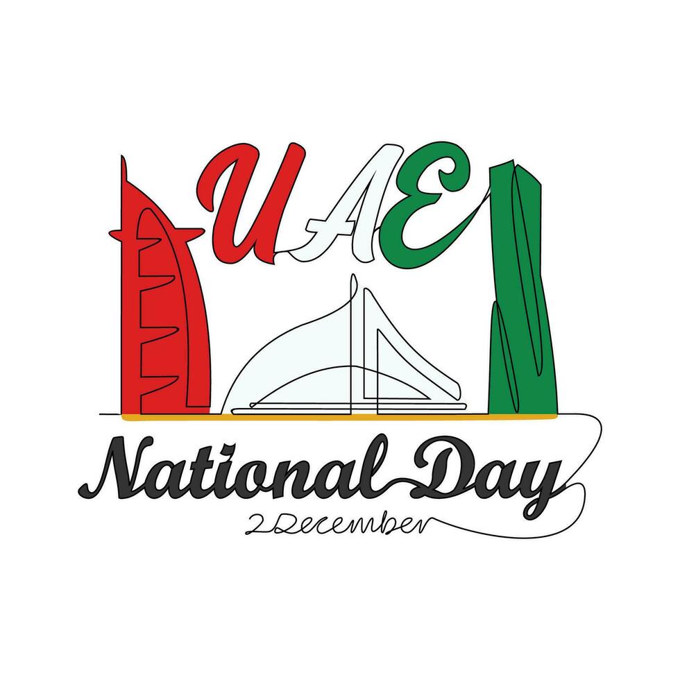 uno continuo línea dibujo de uae nacional dias en diciembre 2do. uae nacional dias diseño en sencillo lineal estilo ilustración. adecuado para saludo tarjeta, póster y bandera. patriótico diseño concepto. vector