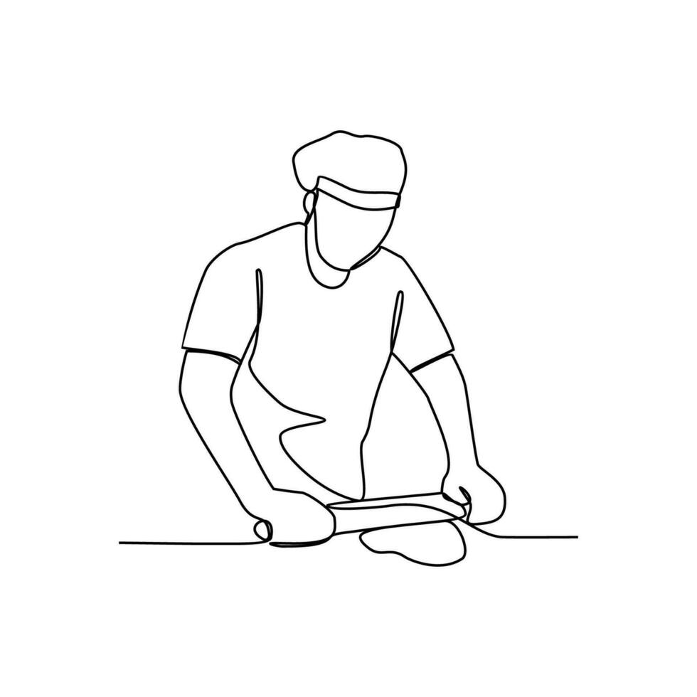 One continuous line drawing of baker working activity with white background. create bread working activity design in simple linear style. baker working people design concept vector illustration.