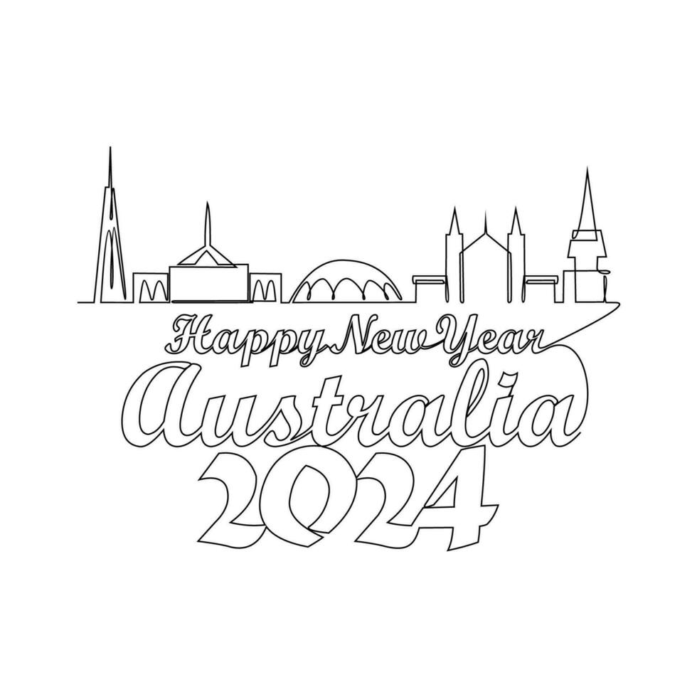 One continuous line drawing of Happy New Year in Australia. Happy New Year design with Australia skyline in simple linear style vector illustration.Suitable design for greeting card, poster and banner