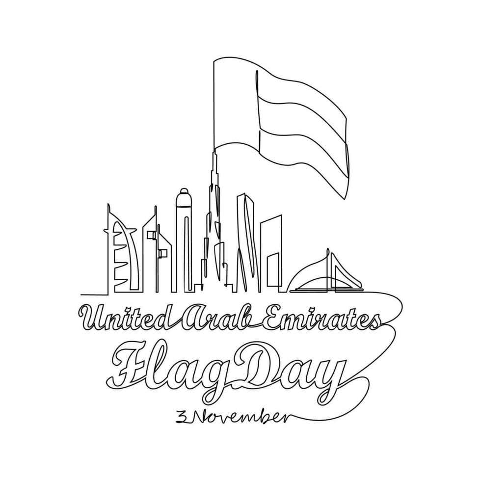 One continuous line drawing of UAE Flag Days on November 3rd. UAE Flag Days design in simple linear style illustration. Suitable for greeting card, poster and banner. Patriotic design concept. vector