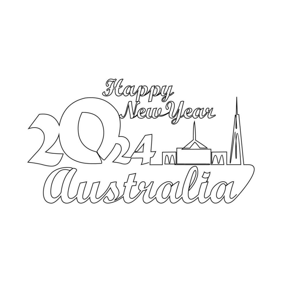 One continuous line drawing of Happy New Year in Australia. Happy New Year design with Australia skyline in simple linear style vector illustration.Suitable design for greeting card, poster and banner