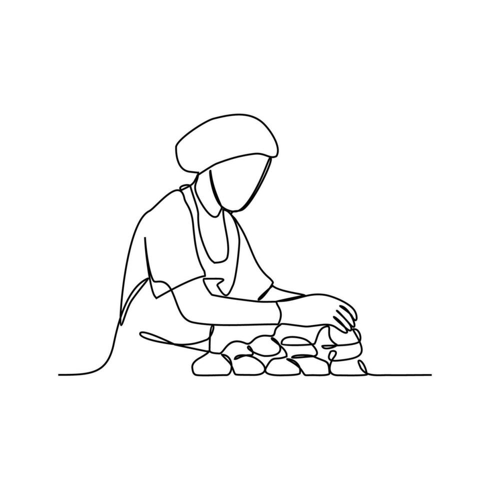 uno continuo línea dibujo de panadero trabajando actividad con blanco antecedentes. crear un pan trabajando actividad diseño en sencillo lineal estilo. panadero trabajando personas diseño concepto vector ilustración.