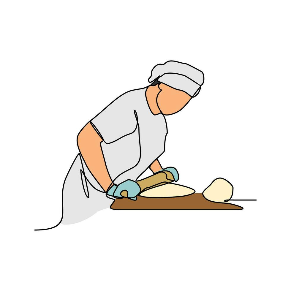 One continuous line drawing of baker working activity with white background. create bread working activity design in simple linear style. baker working people design concept vector illustration.