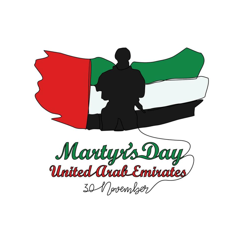 One continuous line drawing of UAE Martyrs Day on November 30th. UAE Martyrs Day design in simple linear style illustration. UAE Martyrs Day design suitable for greeting card, poster and banner vector