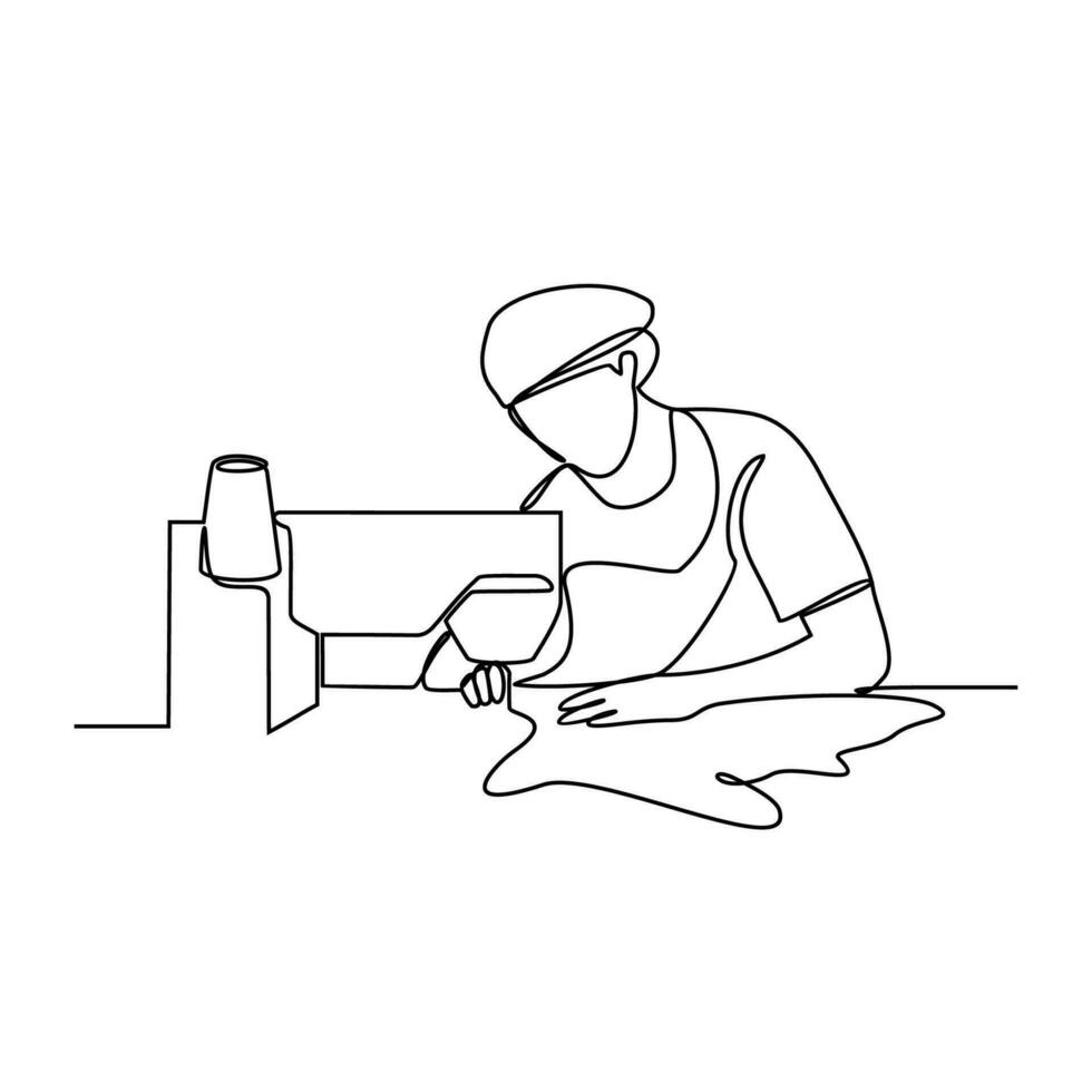 One continuous line drawing of clothing factory working activity with white background. clothing factory working activity design in simple linear style. clothing factory working people design concept vector