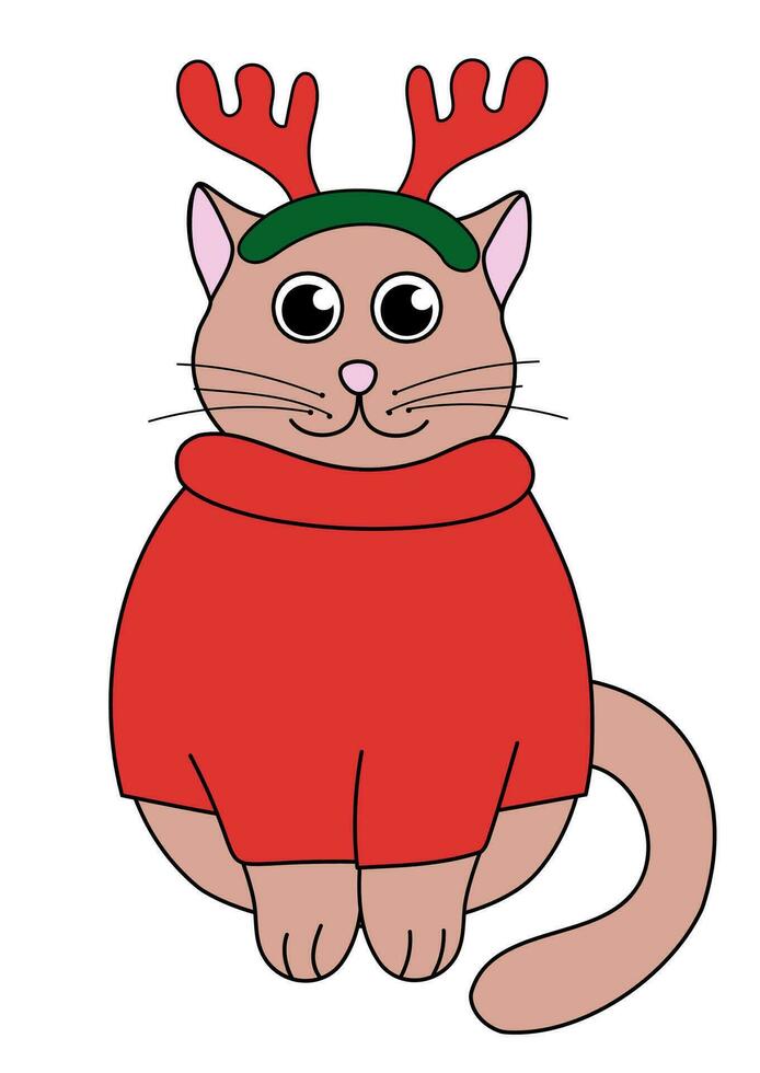 dibujos animados Navidad y nuevo año gato personaje. linda gatito con ciervo cuerno venda y suéter. vector plano ilustración.