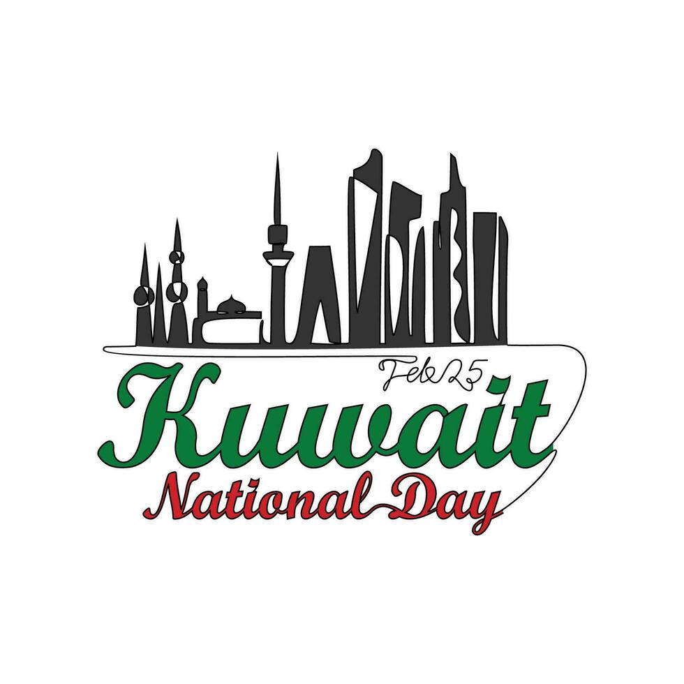 One continuous line drawing of Kuwait National Day Vector Illustration on February 25th. Kuwait National Day design in simple linear style illustration. Suitable for greeting card, poster and banner.