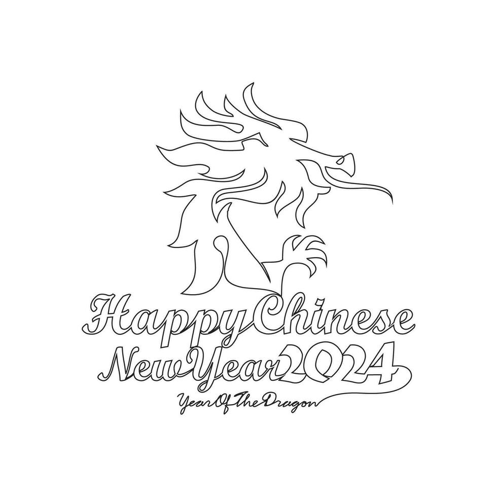 One continuous line drawing of Happy Chinese New Year with the year of dragon concept. Happy Chinese New Year in simple linear style vector illustration. Suitable design for greeting card and poster.