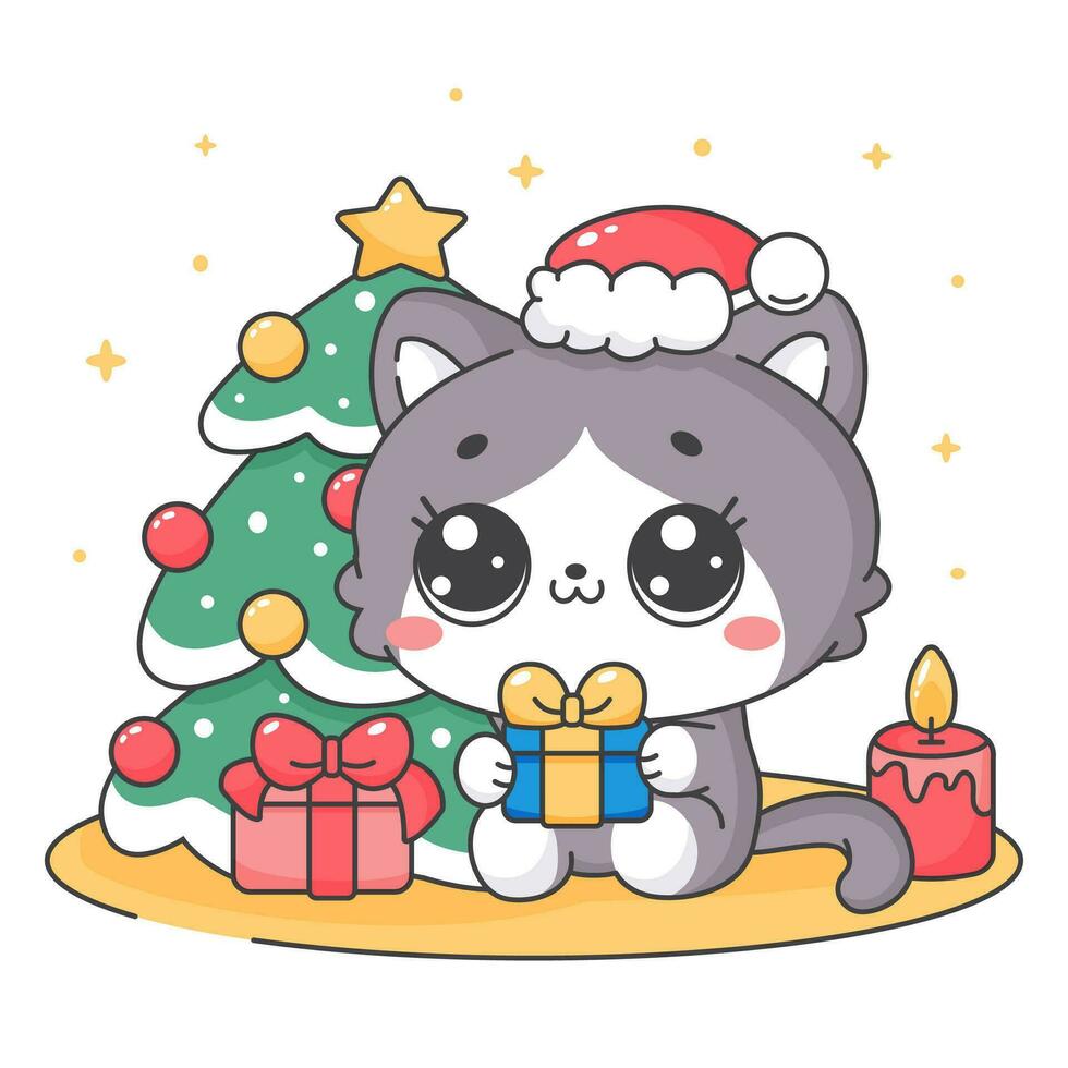 un gris gatito siguiente a un Navidad árbol. gato y Navidad presenta Días festivos y nuevo año. el imagen es adecuado para postales, pegatinas vector imagen. plano dibujos animados estilo