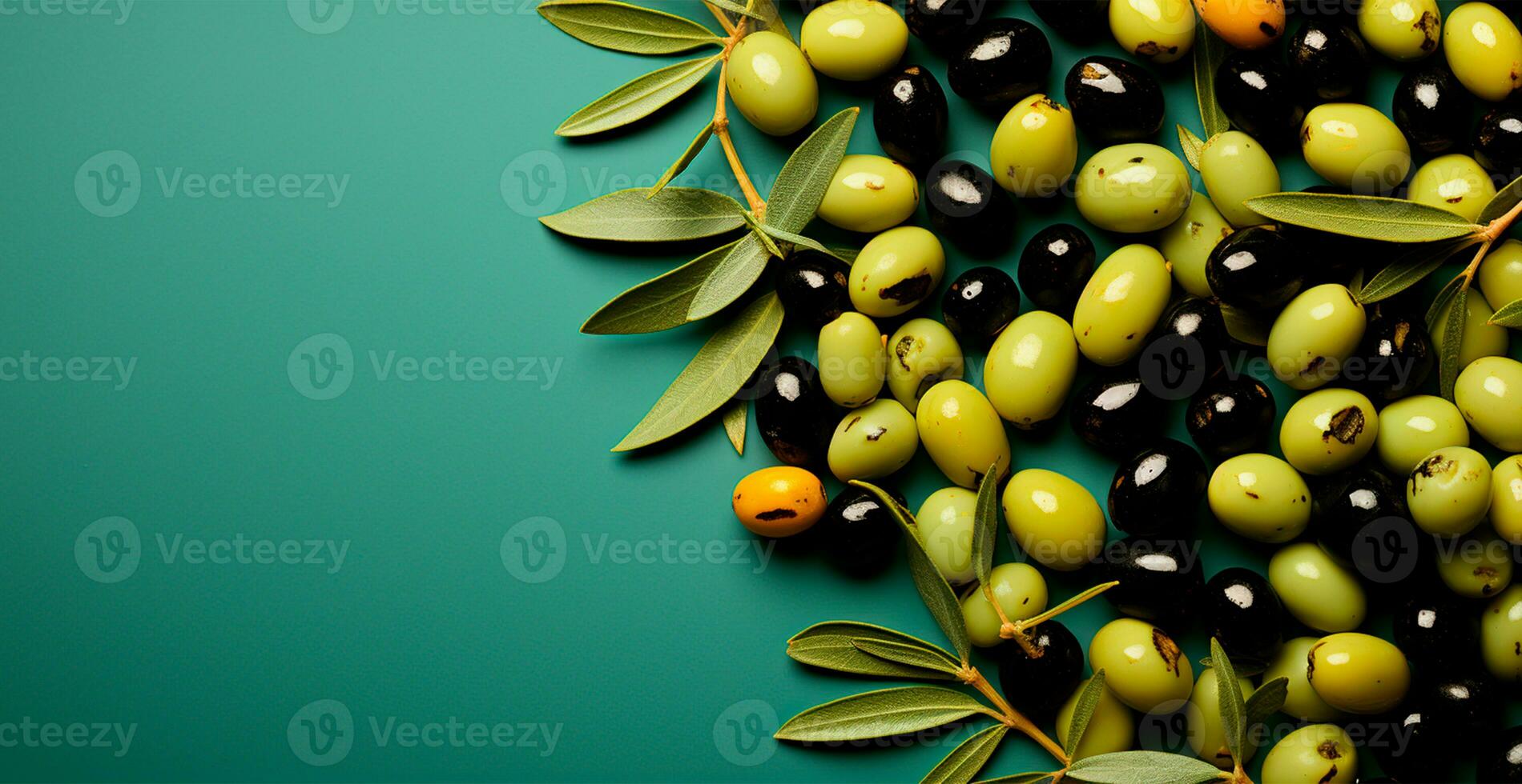 Many olives, top view - AI generated image photo