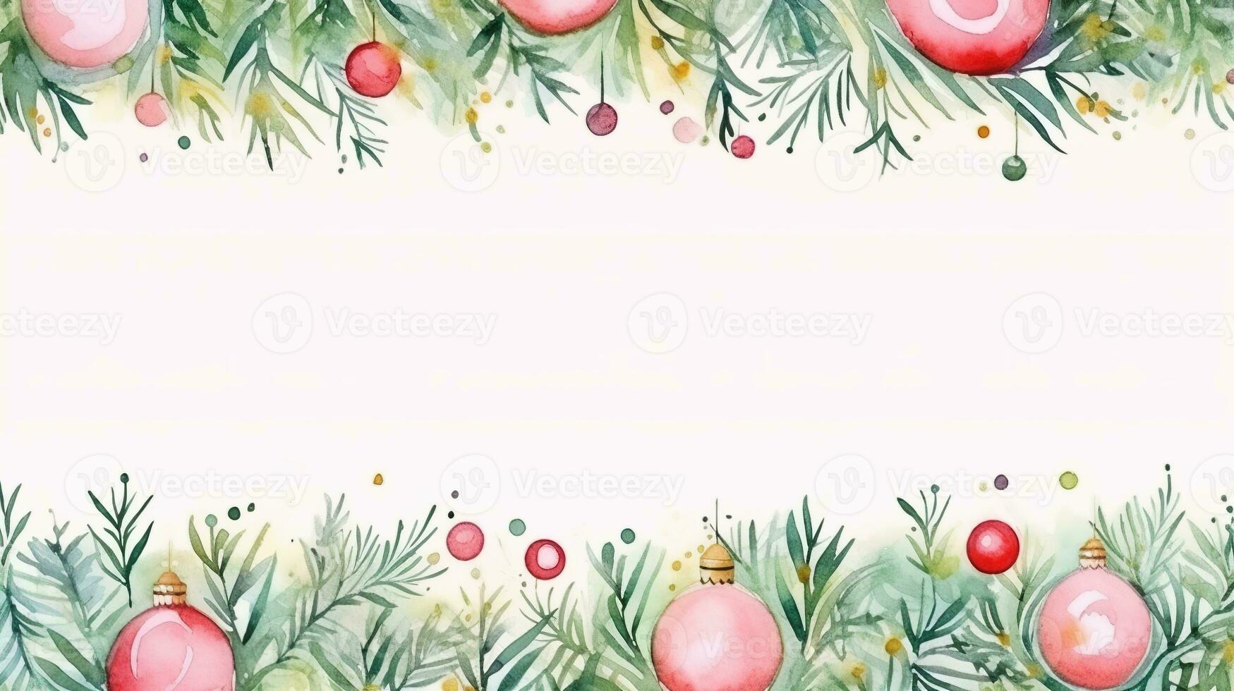 Christmas border with fir branches and balls on white background. Watercolor Christmas and New Year background. Ai Generated photo