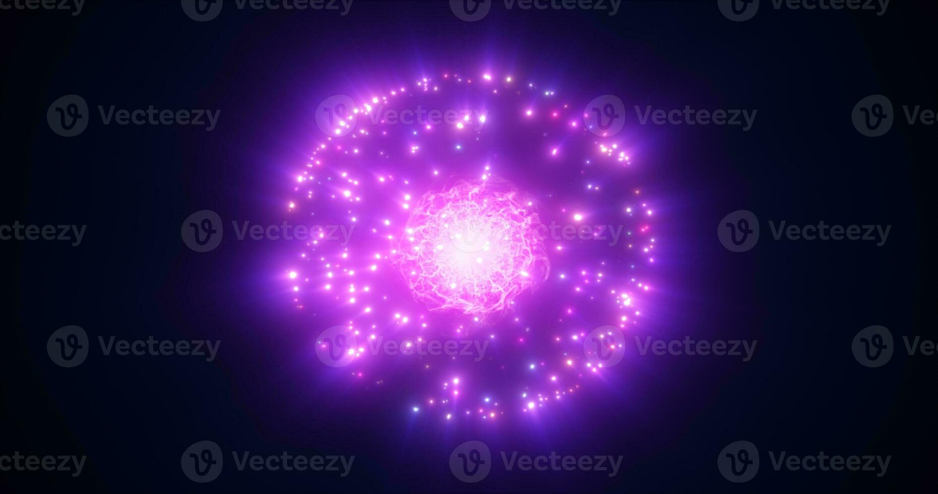 Abstract energy magic purple sphere ball atom round molecule made of glowing bright electric electrons small round particles flying dots on black background photo
