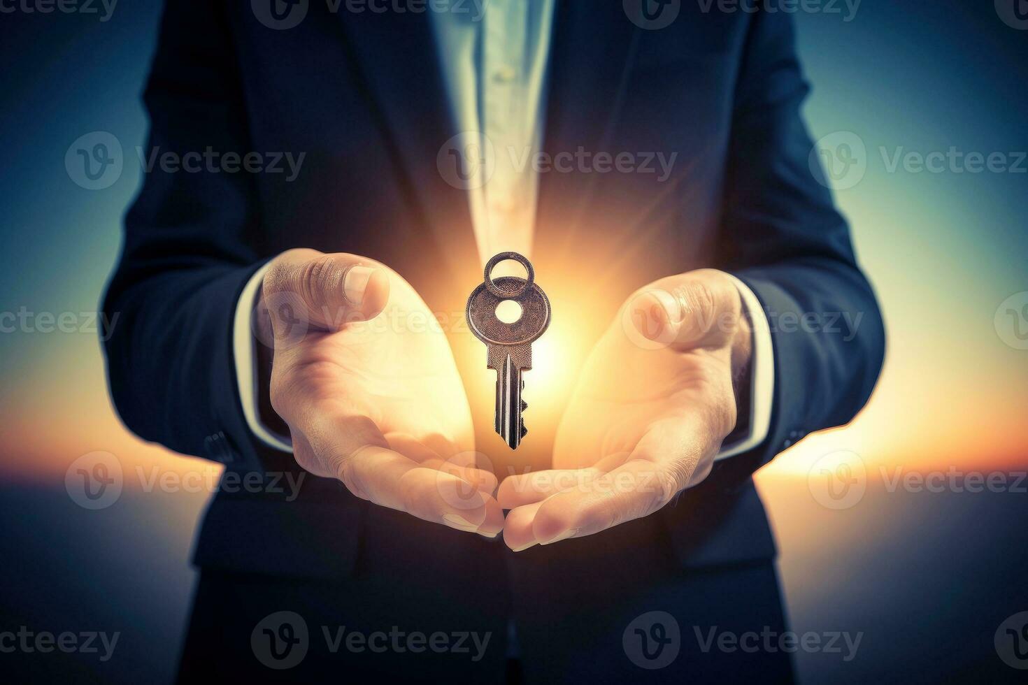 Close up business man holding a key in hand, credit or property concept, Generative AI photo