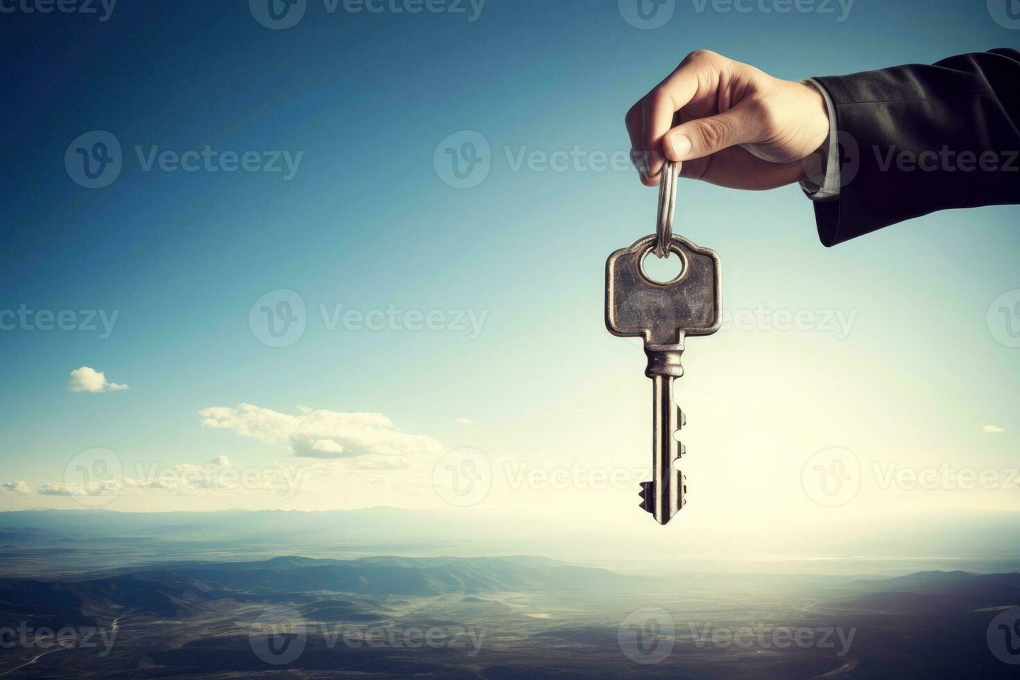 Close up business man holding a key in hand, credit or property concept, Generative AI photo