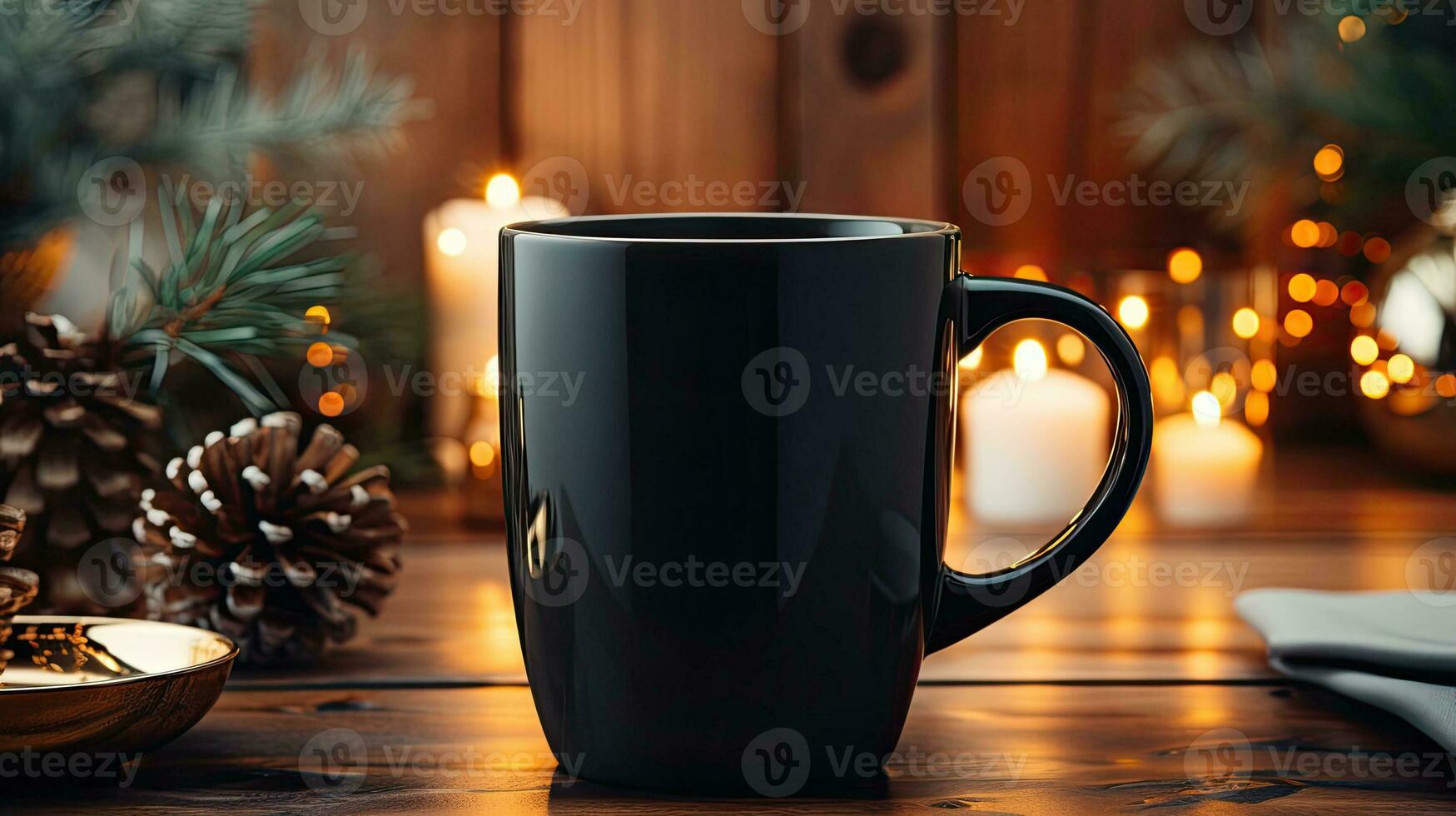 Mug with hot Christmas drink warm tea or coffee against cozy winter New Year decorations and blurred background photo