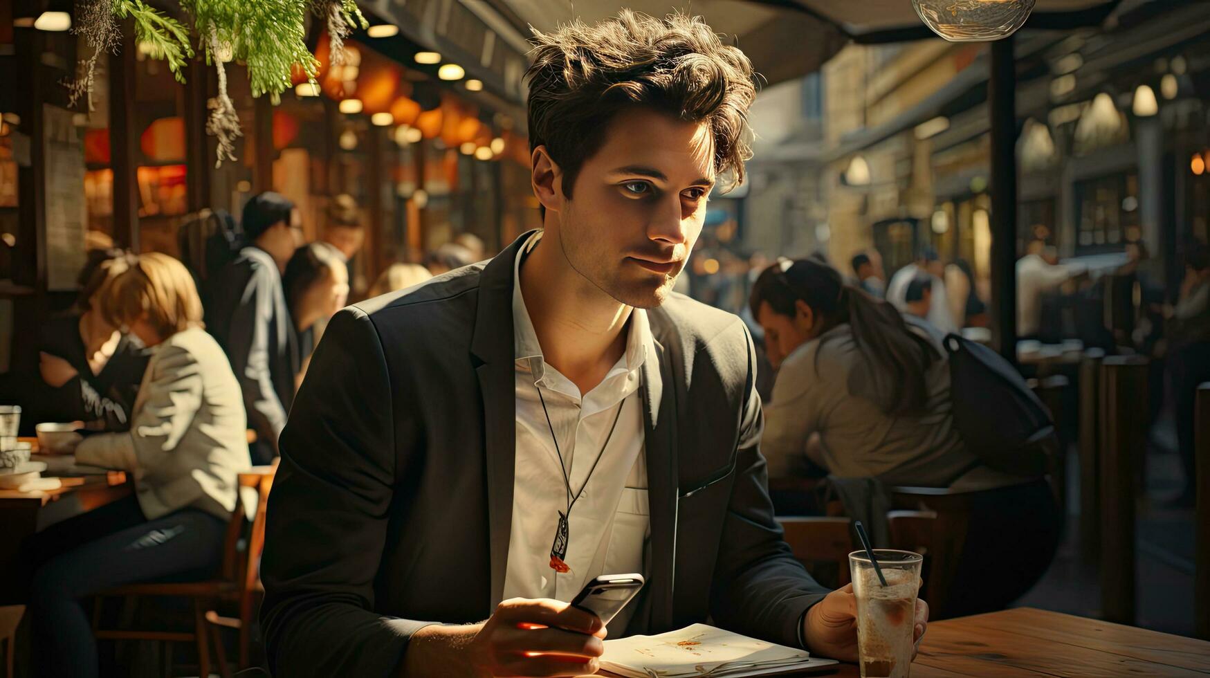 Handsome lonely man sitting at a table in a cafe restaurant photo