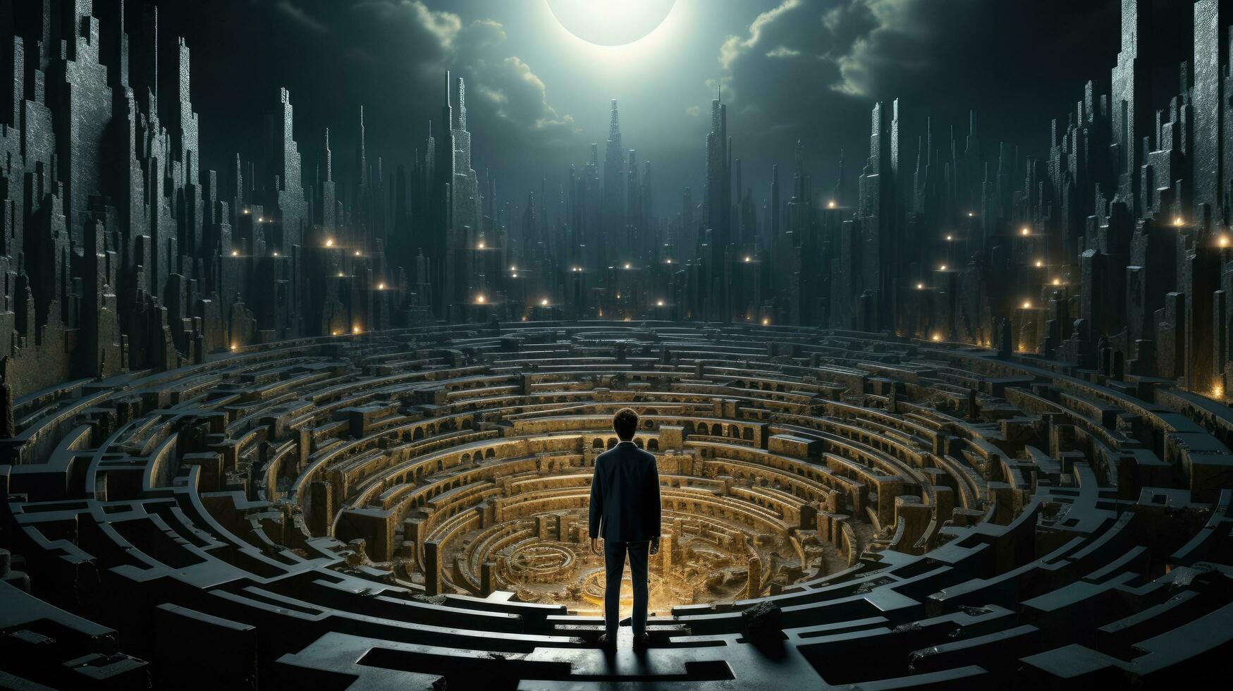Man in a labyrinth, concept of difficulty making a decision and finding your way photo