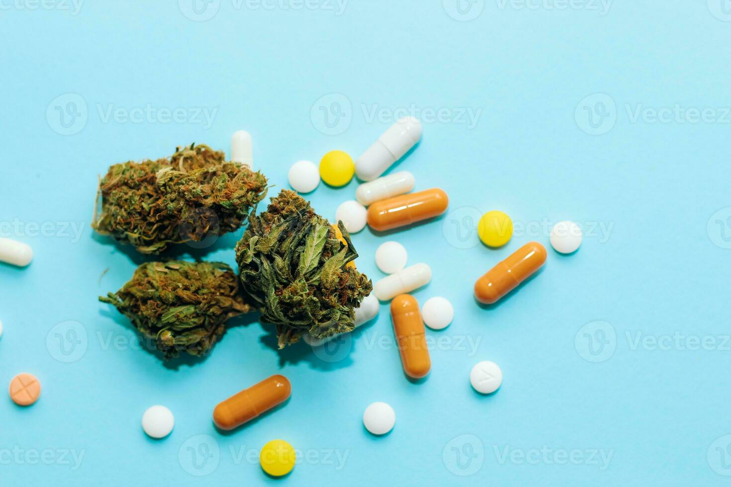 Medical marijuana, inflorescences of shinki herb plant with judge's gavel and pills photo