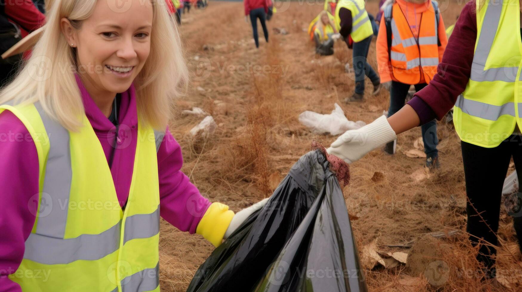 Young woman volunteer with a bright smile, collecting garbage.. Generative AI photo