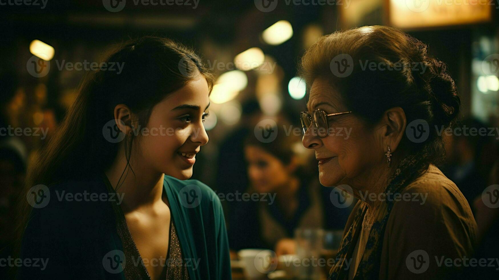 Warm conversation between a young lady and an elderly woman.. Generative AI photo