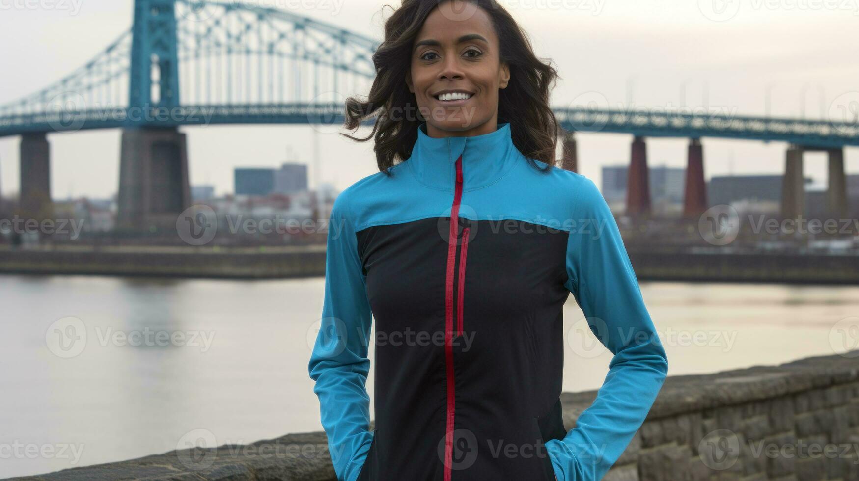 A confident female jogger on a bridge during sunrise. Generative AI photo